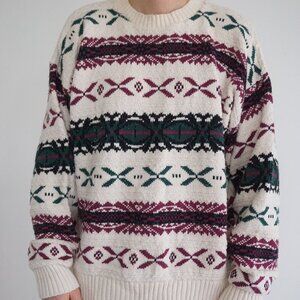 Vintage '90S New Yorker Cream Maroon 3D Eclectic Grandpa Crewneck Sweater XL